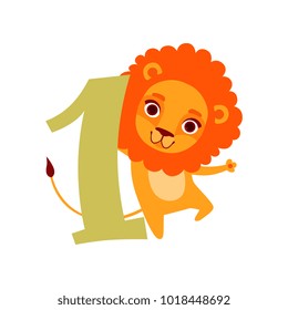 Funny cute lion animal and number one, birthday anniversary, learn to count concept cartoon vector Illustration