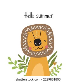 Funny cute lion in lettering: hello summer. Vector illustration in bright colors for nursery decoration, postcards, textiles