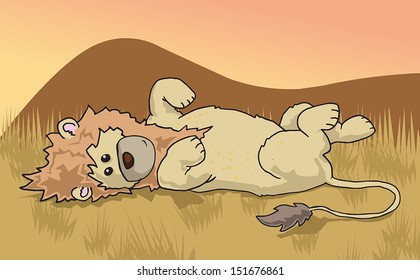 Funny and cute lion rolling on the grass in Africa, vector illustration 