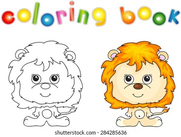 Funny and cute lion. Vector illustration for children. Coloring book