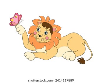 Funny cute lion watches butterflies. Color image. The illustration is done by hand in a cartoon style.