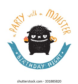 Funny Cute Little Black Monster Birthday Party Greeting Card or Invitation. Sweet kids playful fictional character treating with sweets picture post card with a ribbon. Vector illustration.