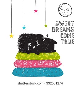 Funny Cute Little Black Monster Sleeping Dreams Come True Greeting Card or Invitation. Sweet kids dreaming at night on pillows fictional character under the moon picture card. Vector illustration.
