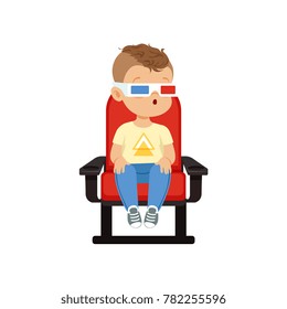 Funny cute little boy in 3d glasses sitting on a red chair and watching 3D movie in the cinema vector Illustration