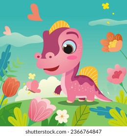 Funny cute little childish drawn sytle dragon dinosaur fairy tale cartoon character.