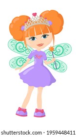 Funny cute little fairy girl Polina with crown, wings, magic wand and purple dress. Colored isolated vector illustration in flat design with shadows	