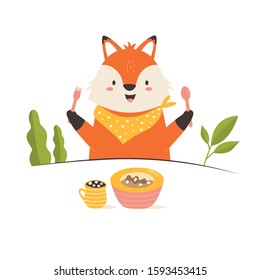 Funny cute little fox having breakfast.