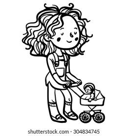 Funny cute little girl with dolls stroller. vector illustration