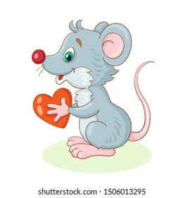 Funny cute little mouse with a red heart in hands. In cartoon style. Isolated on a white background. Vector illustration.