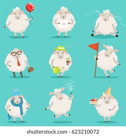 Funny cute little sheep cartoon characters set for label design. Colorful detailed vector Illustrations isolated on white background