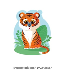 A funny cute little tiger cub sits   looks in surprise at the butterfly sitting his nose  Vector illustration  cartoon character  icon  logo  symbol  postcard  print