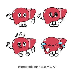 Funny cute liver characters bundle set.Vector hand drawn doodle style traditional cartoon vintage,retro character illustration icon design.Happy liver mascot emoji,child,baby,adorable,kids, character