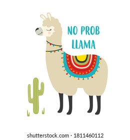 funny cute llama alpaca with cactus isolated in cartoon style, template for printing on textiles, vector illustration