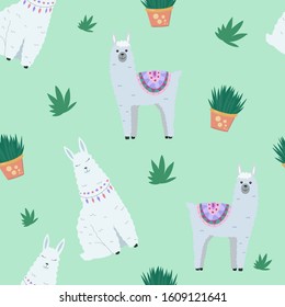 Funny and cute llamas on light green background, seamless pattern for textile, wrapping paper, fabric