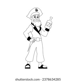 Funny and cute male pirate holding a bottle of rum. Coloring style