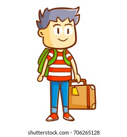 Funny and cute man with backpack and travel bag going for a vacation - vector.
