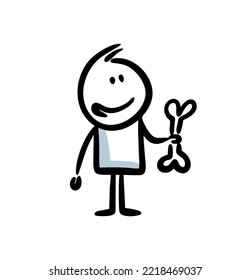 Funny  cute man with  bone in his  hand and smile on the face. Vector illustration of people and dogs food.