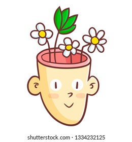Funny and cute man head filles with flowers.