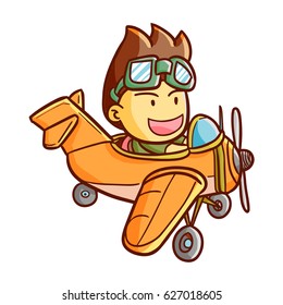 Funny and cute man in an orange vintage airplane flying and smiling happily - vector.