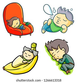 Funny and cute man sleeping set - vector.