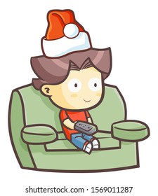 Funny and cute man watching TV on sofa and wearing Santa's hat for christmas