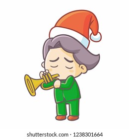 Funny and cute man wearing Santa's hat for christmas and playing trumpet seriously - vector.