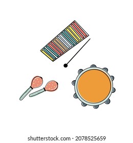 Funny and cute maracas, xylophone, tambourine from side view in cartoon style. Vector illustration