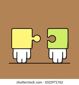 Funny cute men with different pieces of the puzzle instead of the heads. Individuality and personality, business partners, friends, friendship and soulmates cartoon vector illustration.
