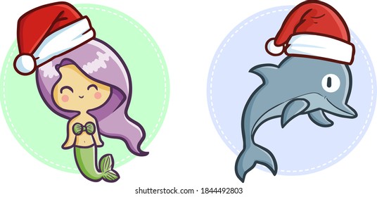 Funny and cute mermaid and dolphin wearing Santa's hat for Christmas celebration