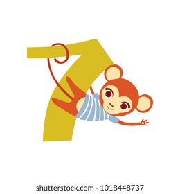 Gracioso y lindo animal de mono y número siete, aniversario de cumpleaños, aprender a contar el concepto cartográfico vector Ilustración