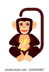 Funny cute monkey with bananas. Cute chimpanzee in a flat geometric style. Simple vector illustration isolated on a white background