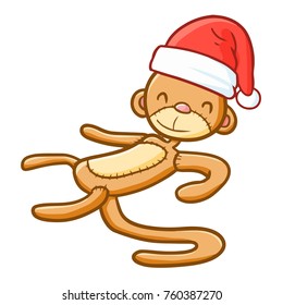 Funny and cute monkey doll Santa's hat for Christmas and smiling - vector.