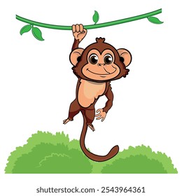 funny and cute monkey. Monkey hanging on liana. Vector illustration in cartoon style.