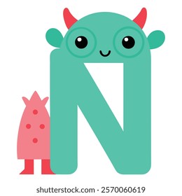 Funny and cute monster alphabet N for kids, education, for kid, children, cute, cartoon, vector