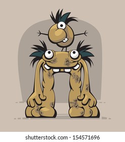 Funny cute Monster with another small Monster standing on its head
