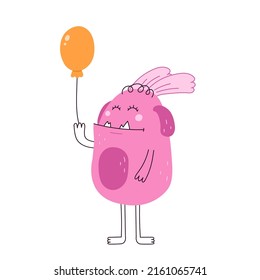 funny and cute monster with a balloon print with smiling face doodle