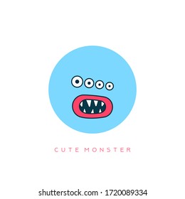 Divertido Monstruo. Avatar de cara azul redondo. Expresión facial. Confusión emoción. Ilustración de vectores dibujada a mano. Estilo de caricatura. Diseño sencillo y plano para los niños. Icono aislado en fondo blanco