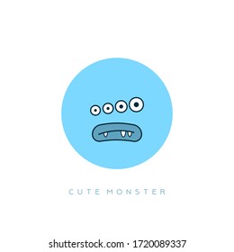Funny Cute Monster. Blue round Face Avatar. Face expression. Confusion emotion. Hand drawn Vector illustration. Cartoon style. Simple flat design for kids. Isolated Icon on white background