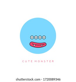 Funny Cute Monster. Blue round Face Avatar. Face expression. Satisfaction emotion. Hand drawn Vector illustration. Cartoon style. Simple flat design for kids. Isolated Icon on white background