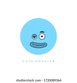 Divertido Monstruo. Avatar de cara azul redondo. Expresión facial. Rompiendo emoción. Ilustración de vectores dibujada a mano. Estilo de caricatura. Diseño sencillo y plano para los niños. Icono aislado en fondo blanco