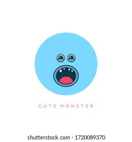 Funny Cute Monster. Blue round Face Avatar. Face expression. Scream emotion. Hand drawn Vector illustration. Cartoon style. Simple flat design for kids. Isolated Icon on white background