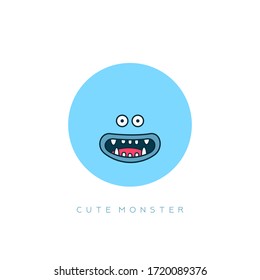 Funny Cute Monster. Blaues rundes Gesicht Avatar. Gesichtsausdruck. Fröhliche Emotion. Handgezeichnete Vektorgrafik. Cartoon-Stil. Einfaches flaches Design für Kinder. Einzeln Symbol auf weißem Hintergrund