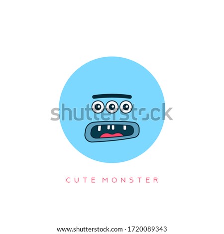 Funny Cute Monster. Blue round Face Avatar. Face expression. Consternation emotion. Hand drawn Vector illustration. Cartoon style. Simple flat design for kids. Isolated Icon on white background