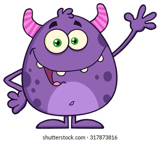 Funny Cute Monster Cartoon Character Waving. Vector Illustration Isolated On White