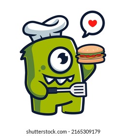 Funny And Cute Monster Cartoon As Chef Cooking Cheese Burger