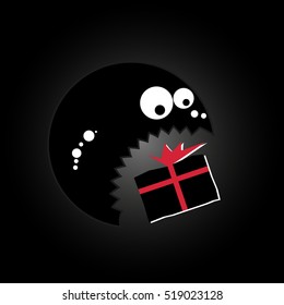 Funny cute monster eating gift box. Vector illustration