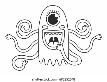 Funny cute monster on the white background. Vector illustration for kids. Black outline