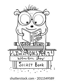 Funny cute monster reading books and study, adorable monochrome reading imaginary creature character for kids activity coloring book. Black and white outline coloring page.