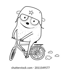 Graciosa bicicleta monstrual monocromática, adorable personaje de criatura ciclista imaginaria monocromática para los niños de la actividad del libro de colorear. Página de coloreado de los monstruos de la moto blanca y negra.