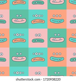 Funny Cute Monster. Square Face Avatars. Different emotions. Hand drawn colorful Vector Seamless pattern. Background, wallpaper. Cartoon style. Simple flat design. Perfect for prints